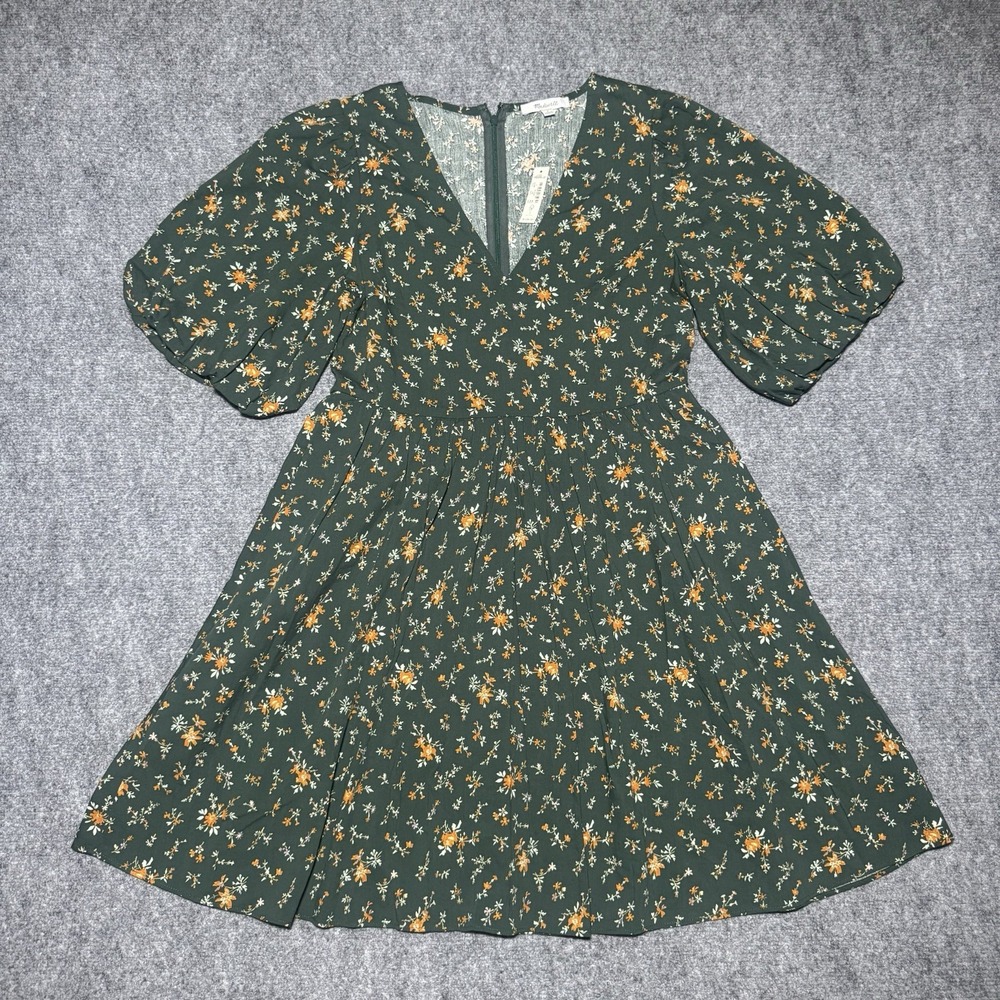 Madewell Poplin V-Neck Bubble-Sleeve Mini Dress Women Sz 4 Green Floral NEW NWT